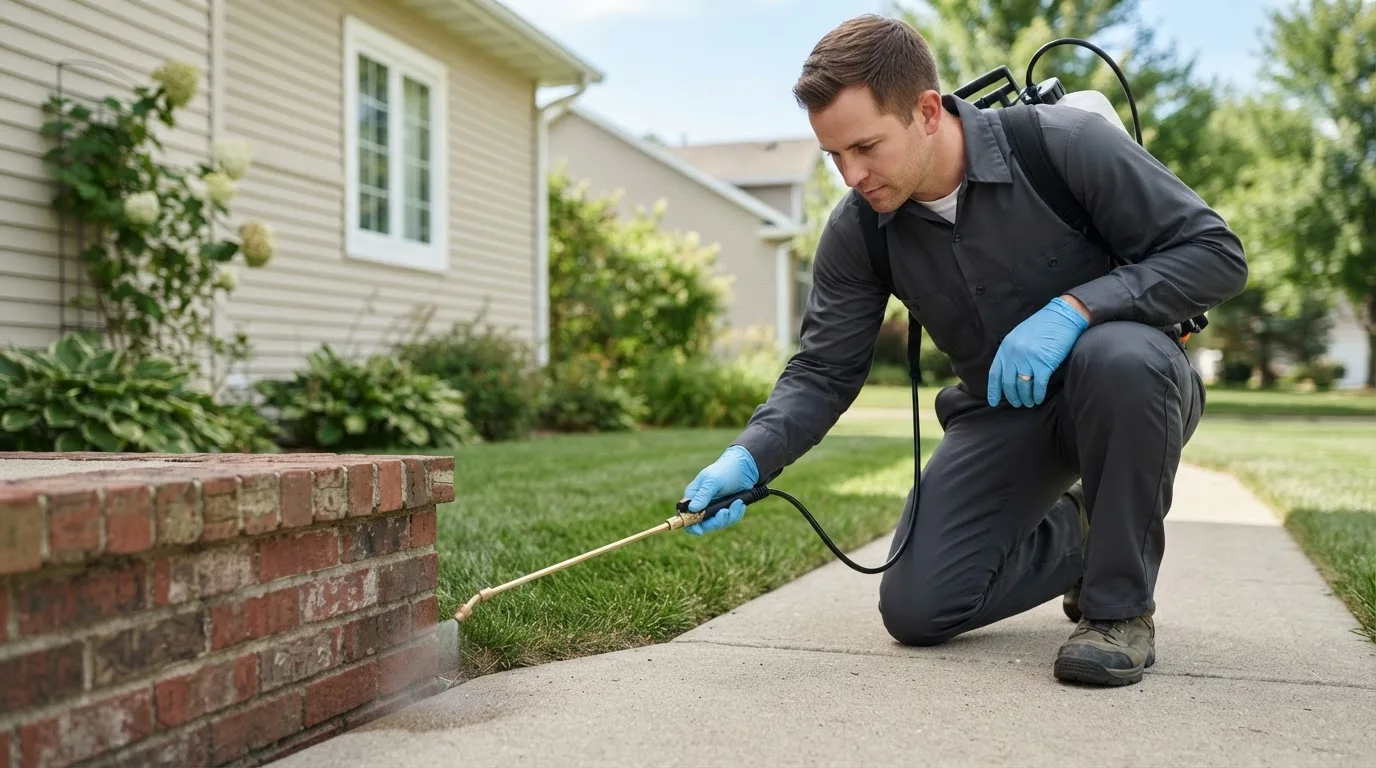 Pest control technician treating a home near Monroe Bridge, MA